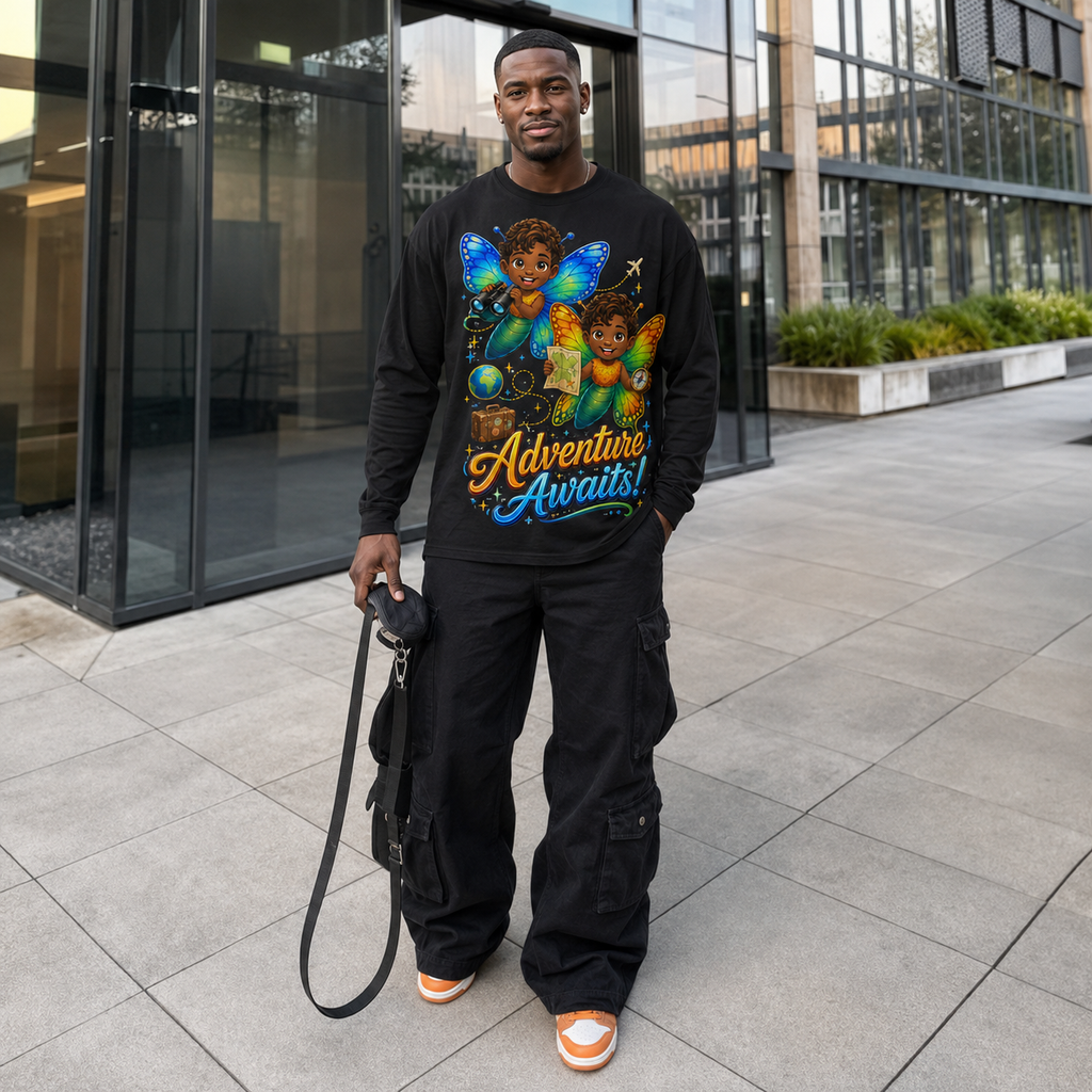 A man wearing a black long-sleeve graphic t-shirt with a colorful illustration of fairies and the text 'Adventure Awaits!' stands outdoors in front of a modern glass building.