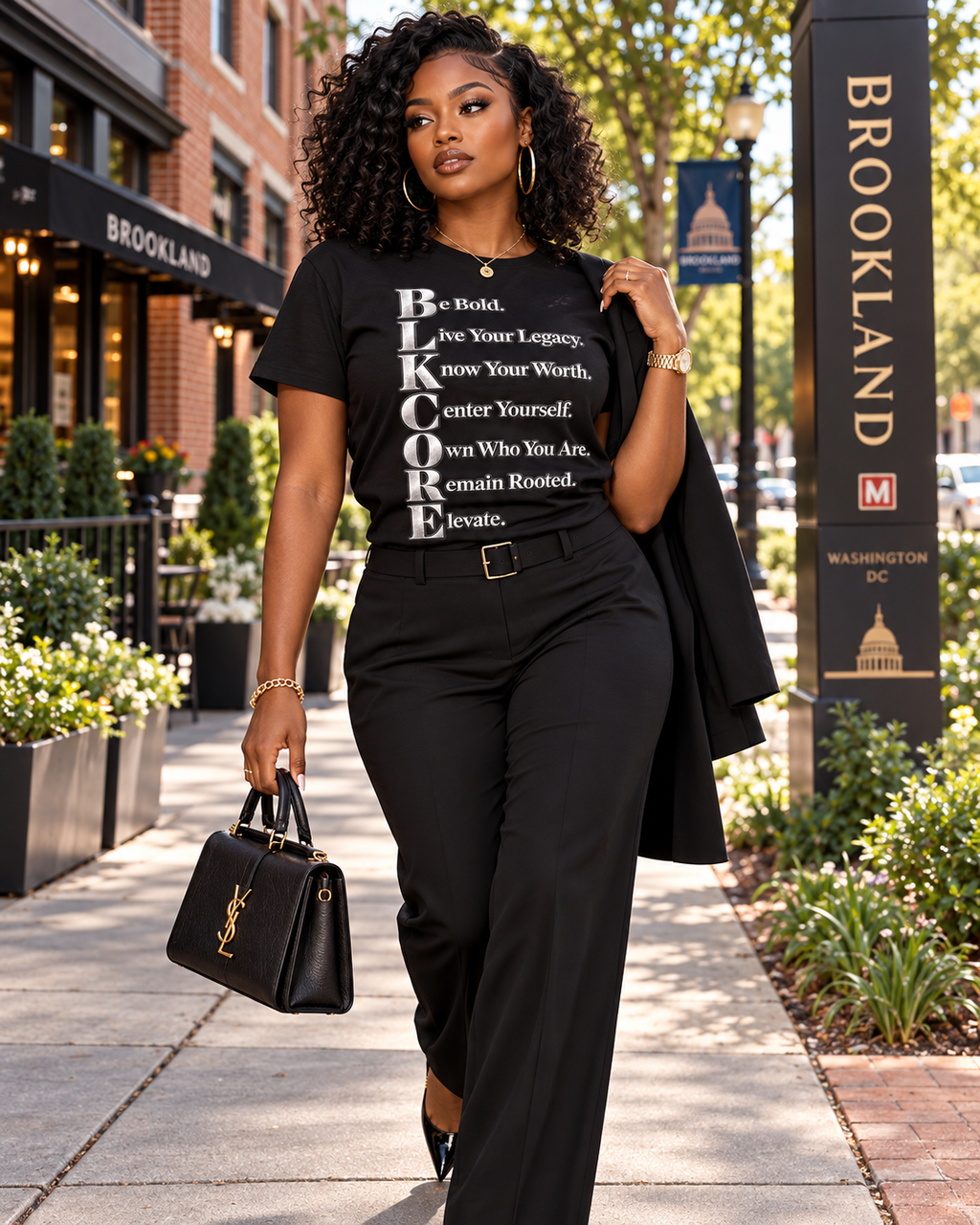 A woman walking on a city sidewalk wearing a black graphic T-shirt with white text, black pants, and carrying a black coat and a black YSL handbag. The background shows a brick building, storefront, and a Brooklyn Metro sign.