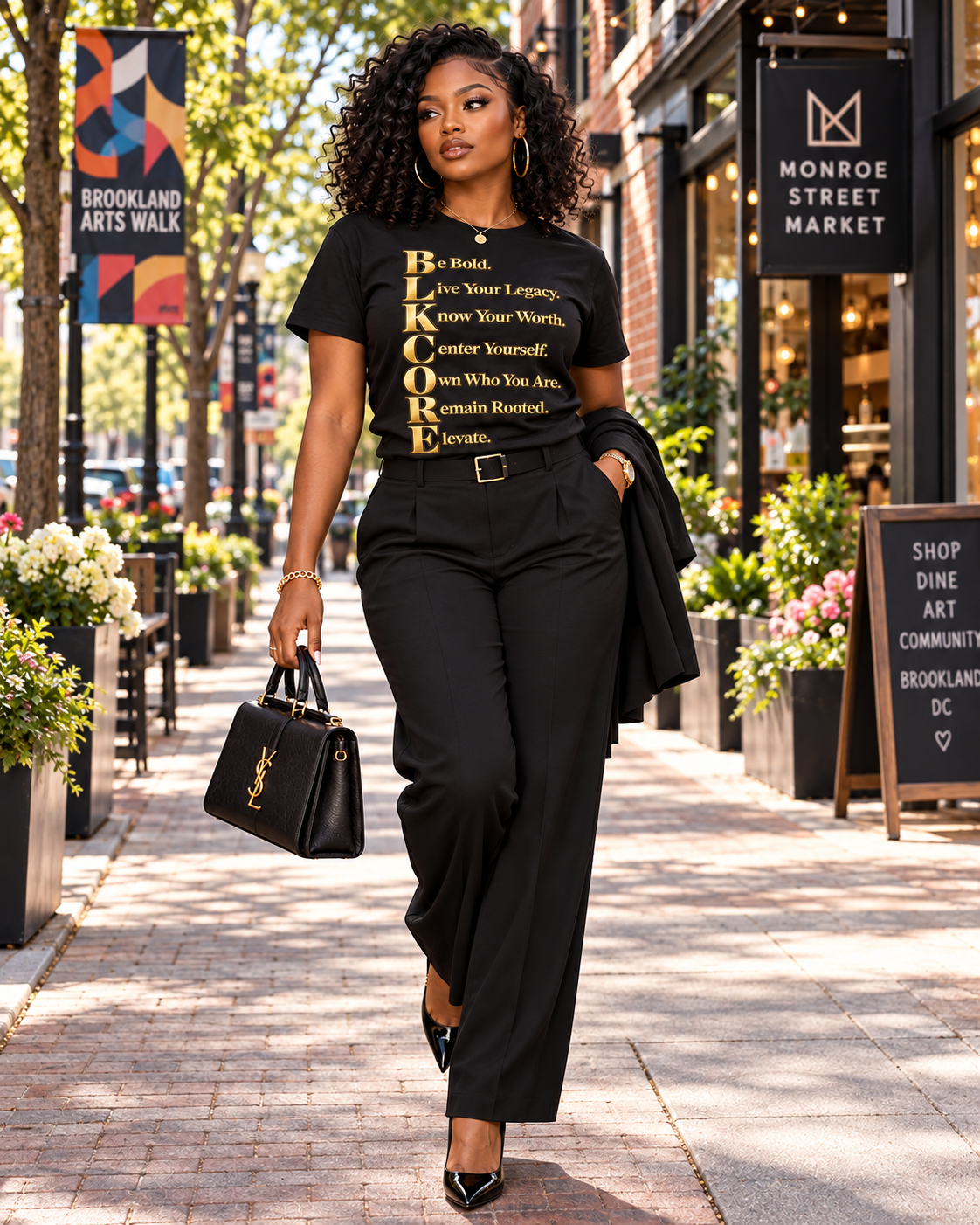 A woman walking on a city sidewalk wearing a black graphic T-shirt with gold text, black wide-leg pants, and carrying a black handbag. The background shows a real outdoor street environment with storefronts and planters.