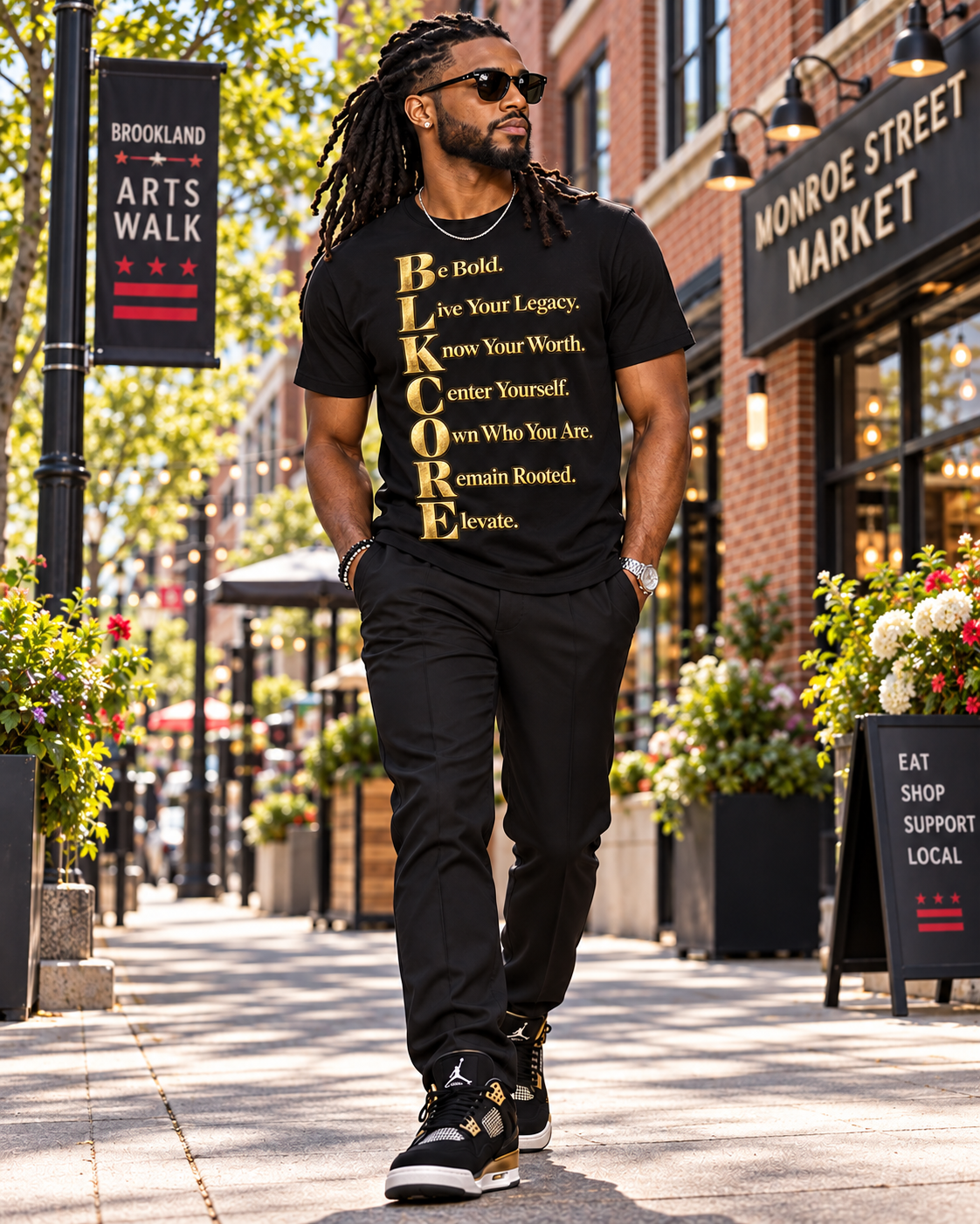 BLKCORE black and gold motivational graphic T-shirt with Be Bold Live Your Legacy and Know Your Worth message