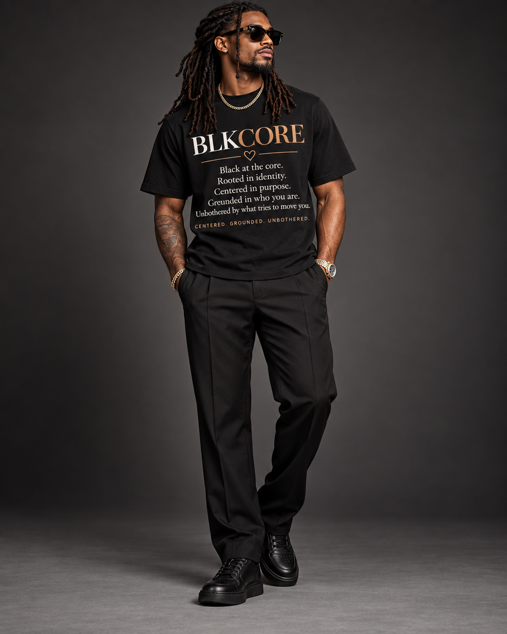 A man modeling a black graphic t-shirt with 'BLK CORE' printed in gold and white text, paired with black trousers and black shoes, set against a dark gray studio background.