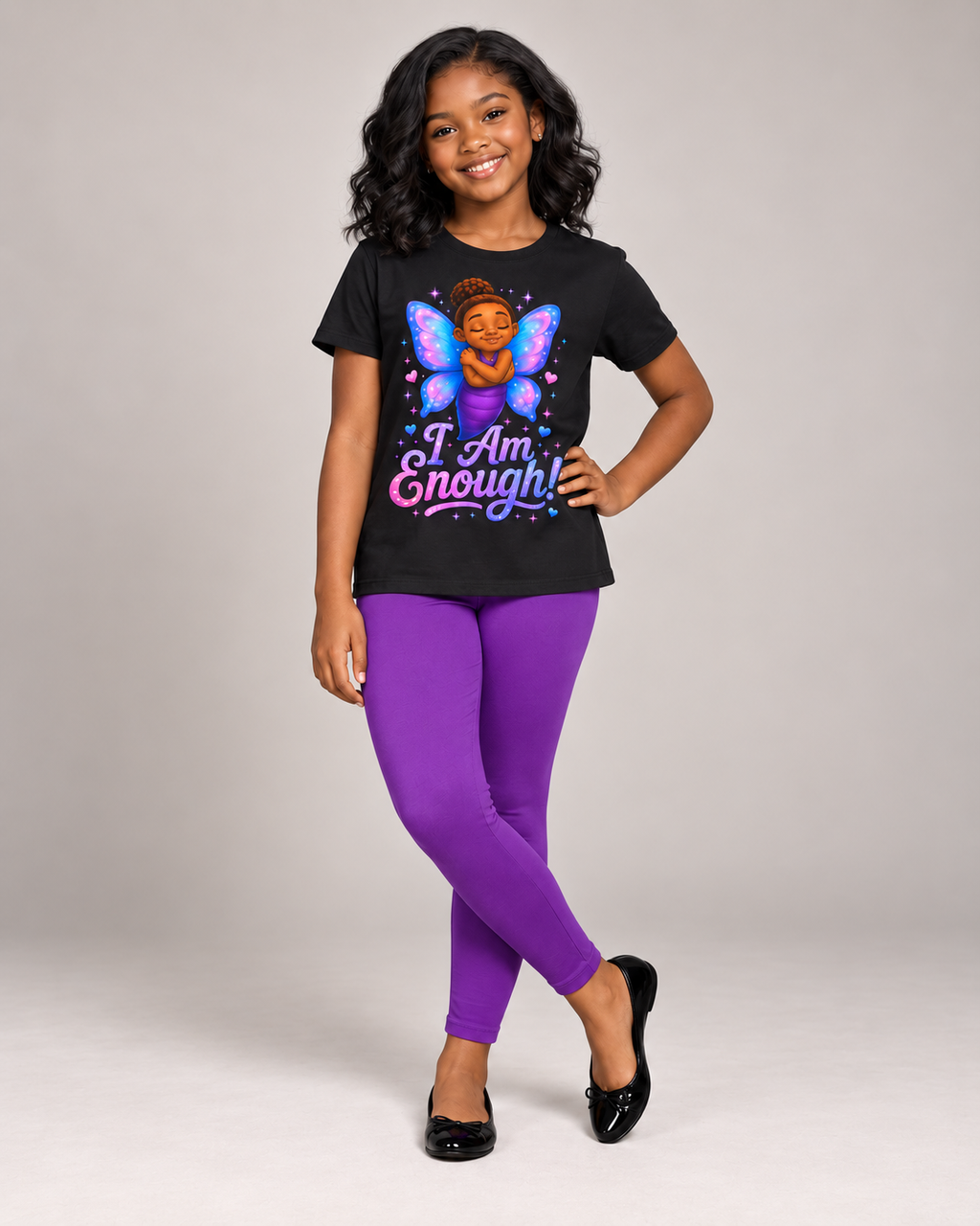 A young girl modeling a black graphic t-shirt with a colorful fairy design and the text 'I Am Enough!' paired with purple leggings and black flats, standing against a light gray studio background.