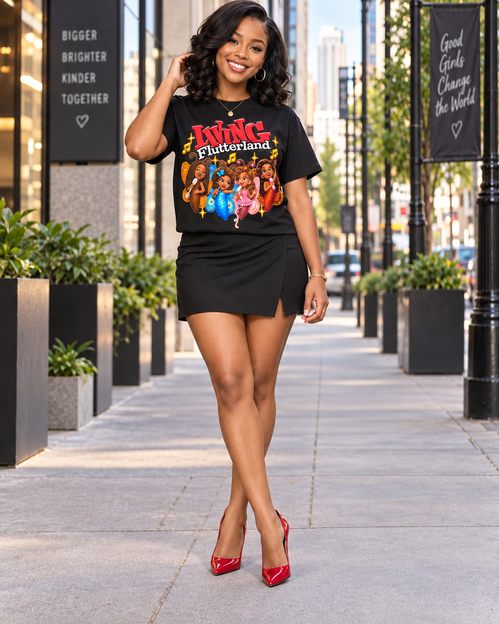 A woman stands on a city sidewalk modeling a black graphic T-shirt with a colorful 'Flutterland' print, paired with a black mini skirt and red high heels.