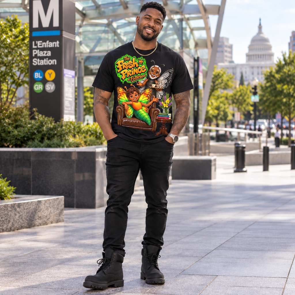 A man wearing a black graphic t-shirt with a colorful cartoon design, black pants, and black boots, standing outdoors in front of a modern glass structure with the US Capitol building visible in the background.