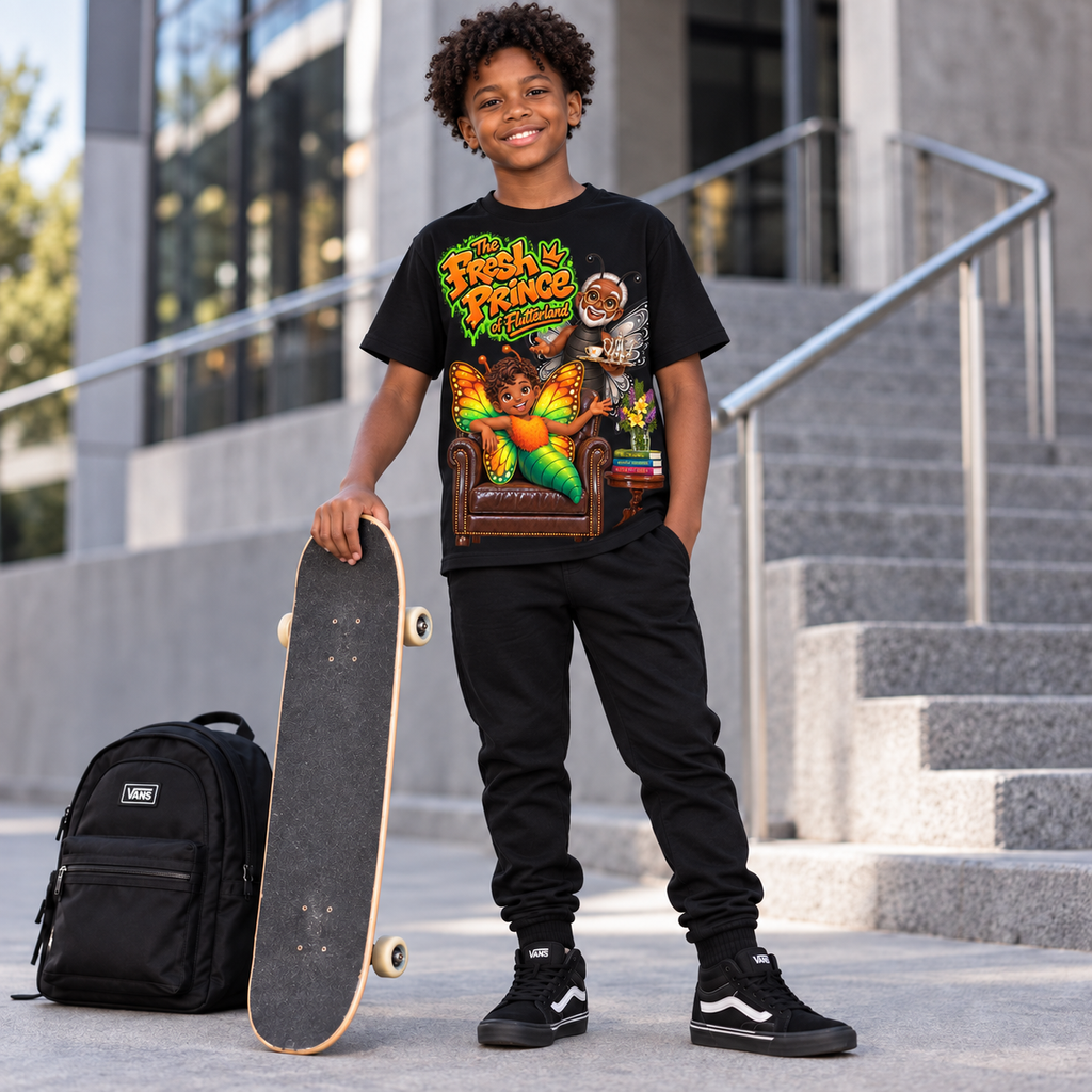 A smiling young boy stands outdoors on concrete steps holding a skateboard, wearing a black graphic T-shirt with a colorful cartoon design, black sweatpants, and black sneakers. A black backpack sits beside him.