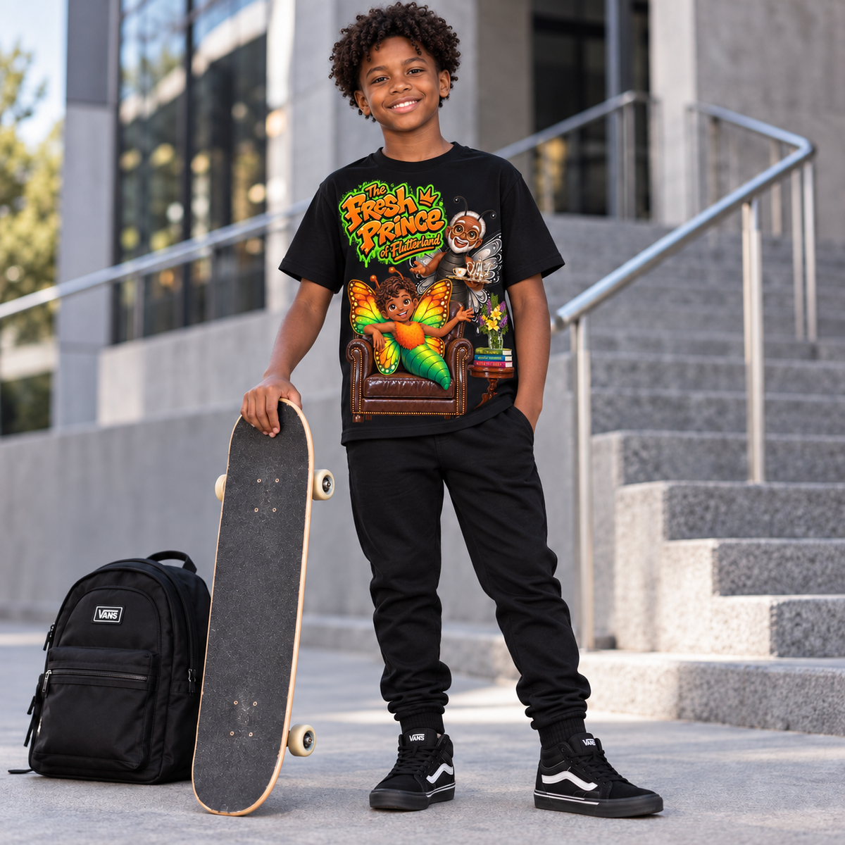 A smiling young boy stands outdoors on concrete steps holding a skateboard, wearing a black graphic T-shirt with a colorful cartoon design, black sweatpants, and black sneakers. A black backpack sits beside him.