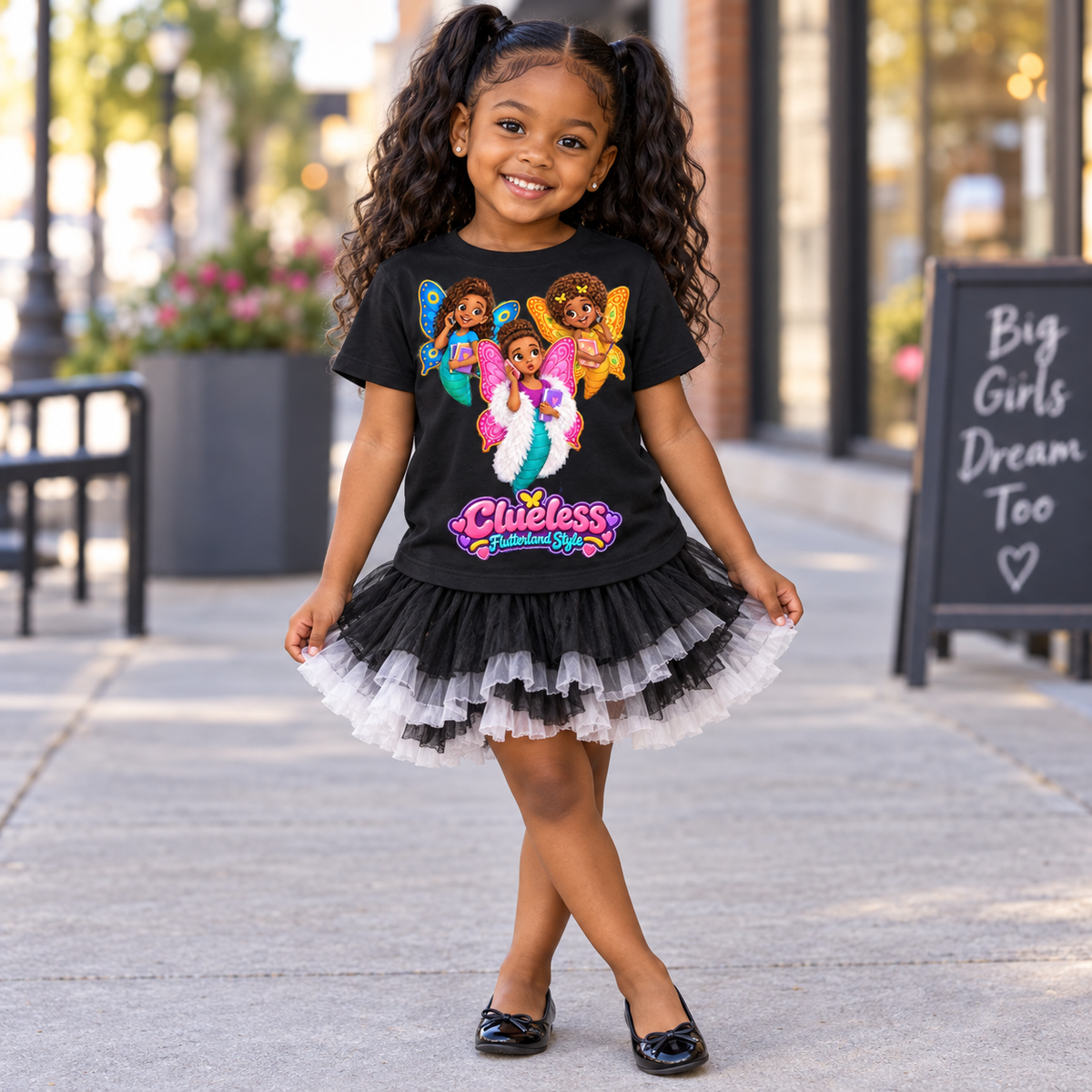 A young girl with curly hair in pigtails stands on a sidewalk wearing a black graphic t-shirt and a black and white tiered tutu skirt. The shirt features colorful cartoon angel characters and the text 'Clueless' and 'Wicked'.