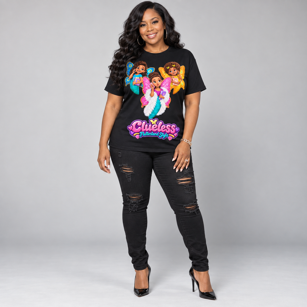 A woman modeling a black graphic t-shirt with colorful cartoon characters and the text 'Clueless Remember Me', paired with black distressed skinny jeans and black high heels, against a light gray studio background.