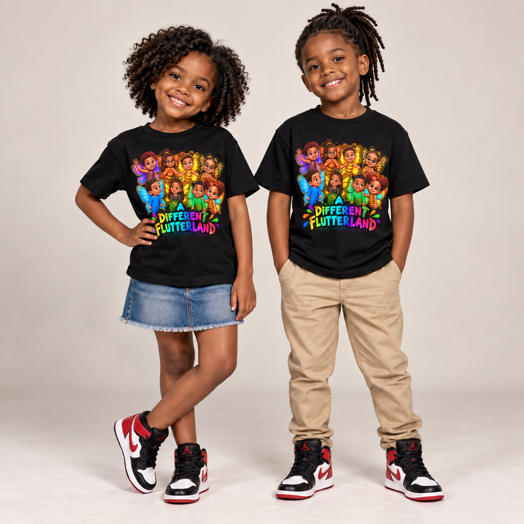 Two children modeling matching black graphic T-shirts with a colorful cartoon illustration and the text 'Different Flutterland.' The child on the left wears a denim skirt and black/red sneakers, while the child on the right wears khaki pants and black/red/white sneakers.