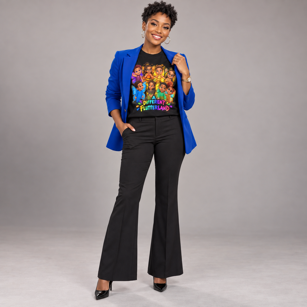 A woman stands against a light gray studio background wearing a bright blue blazer, black flared pants, and a black graphic T-shirt with a colorful cartoon group print and the words 'WITCHES OF FUTTLELAND'.