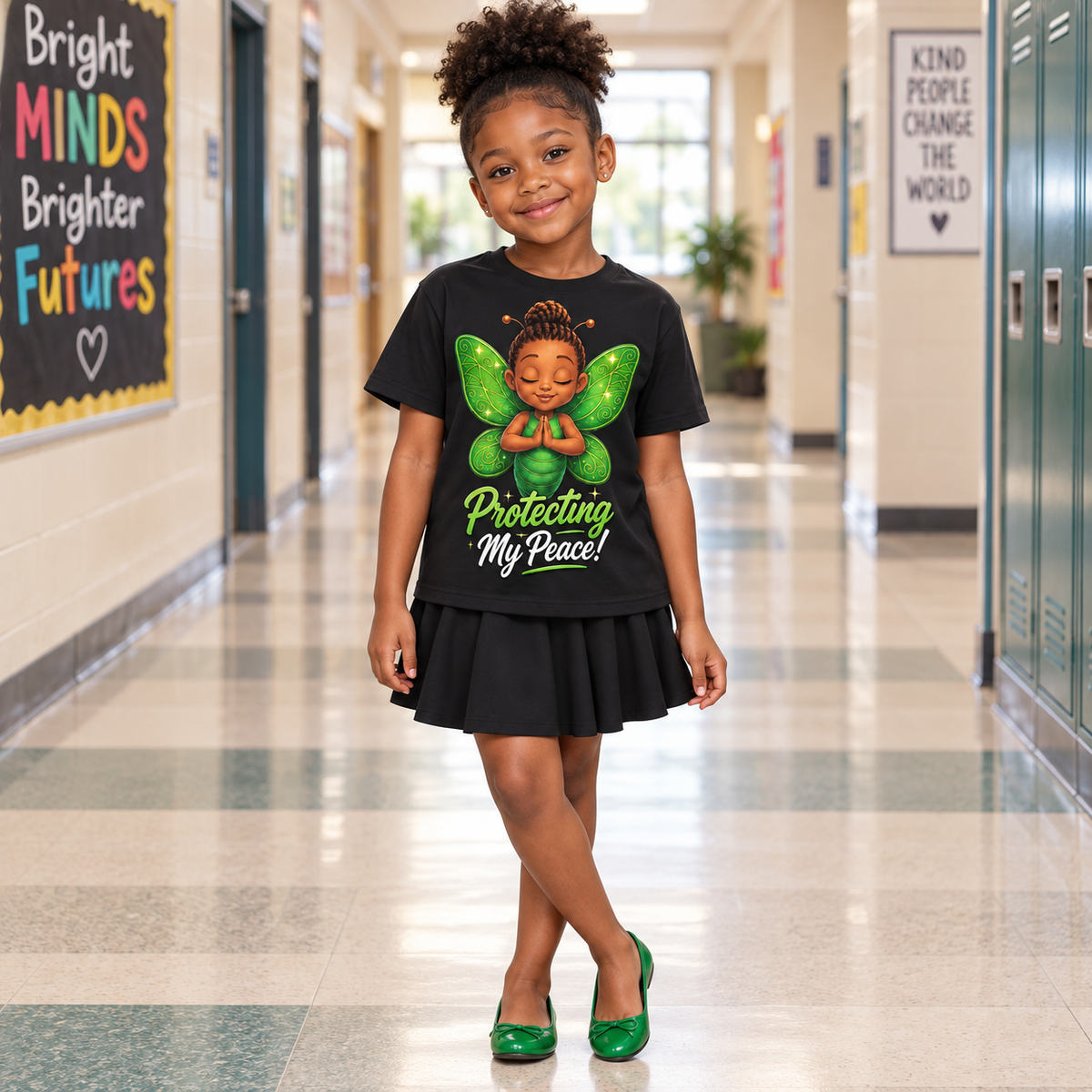 A young girl stands in a school hallway wearing a black graphic t-shirt with a green fairy design and the text 'Protecting My Peace!'.