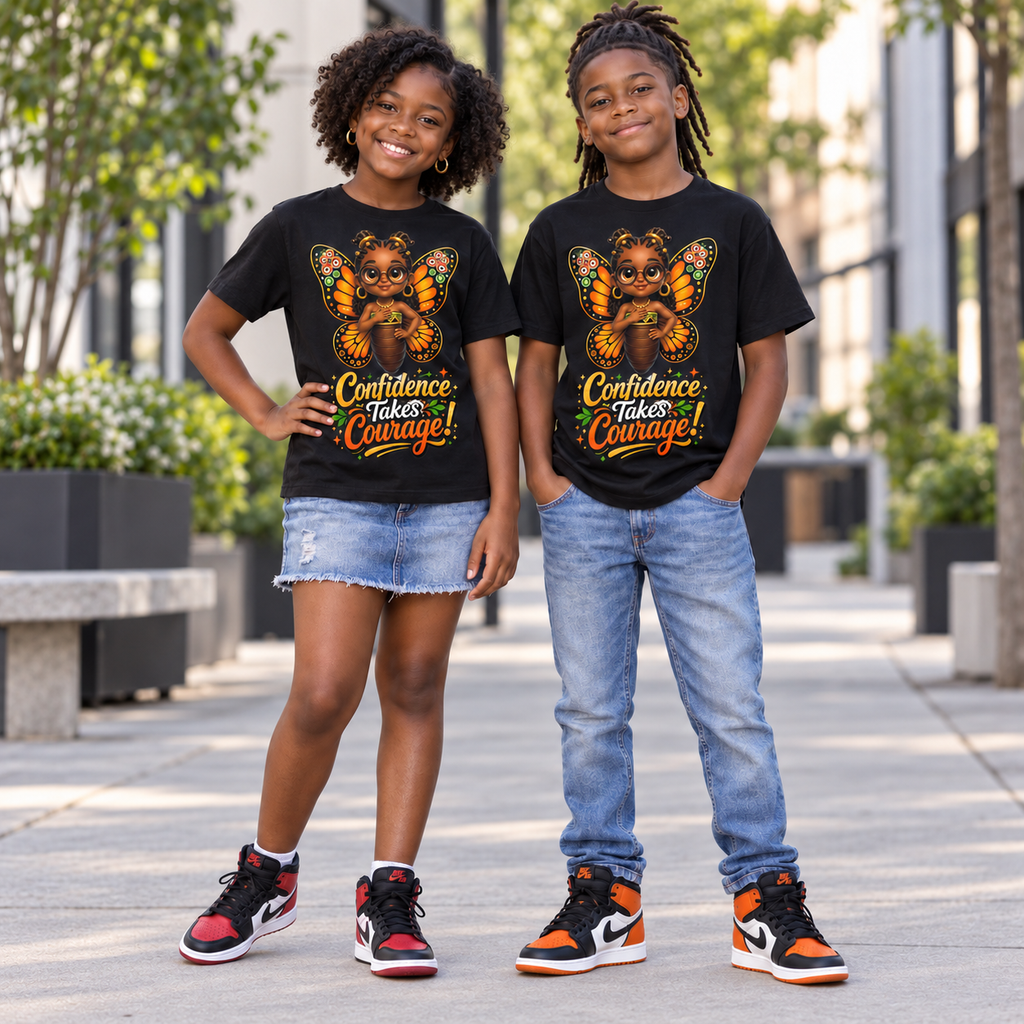 Two children standing outdoors on a sidewalk wearing matching black graphic T-shirts with a butterfly design and the text 'Confidence Takes Courage!'.