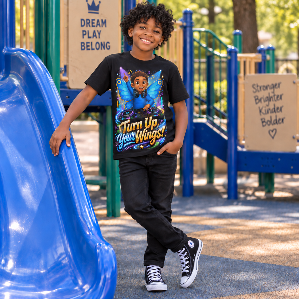 A smiling young boy stands on a playground wearing a black graphic t-shirt with a colorful cartoon winged figure and the text 'Turn Up Your Wings!'.