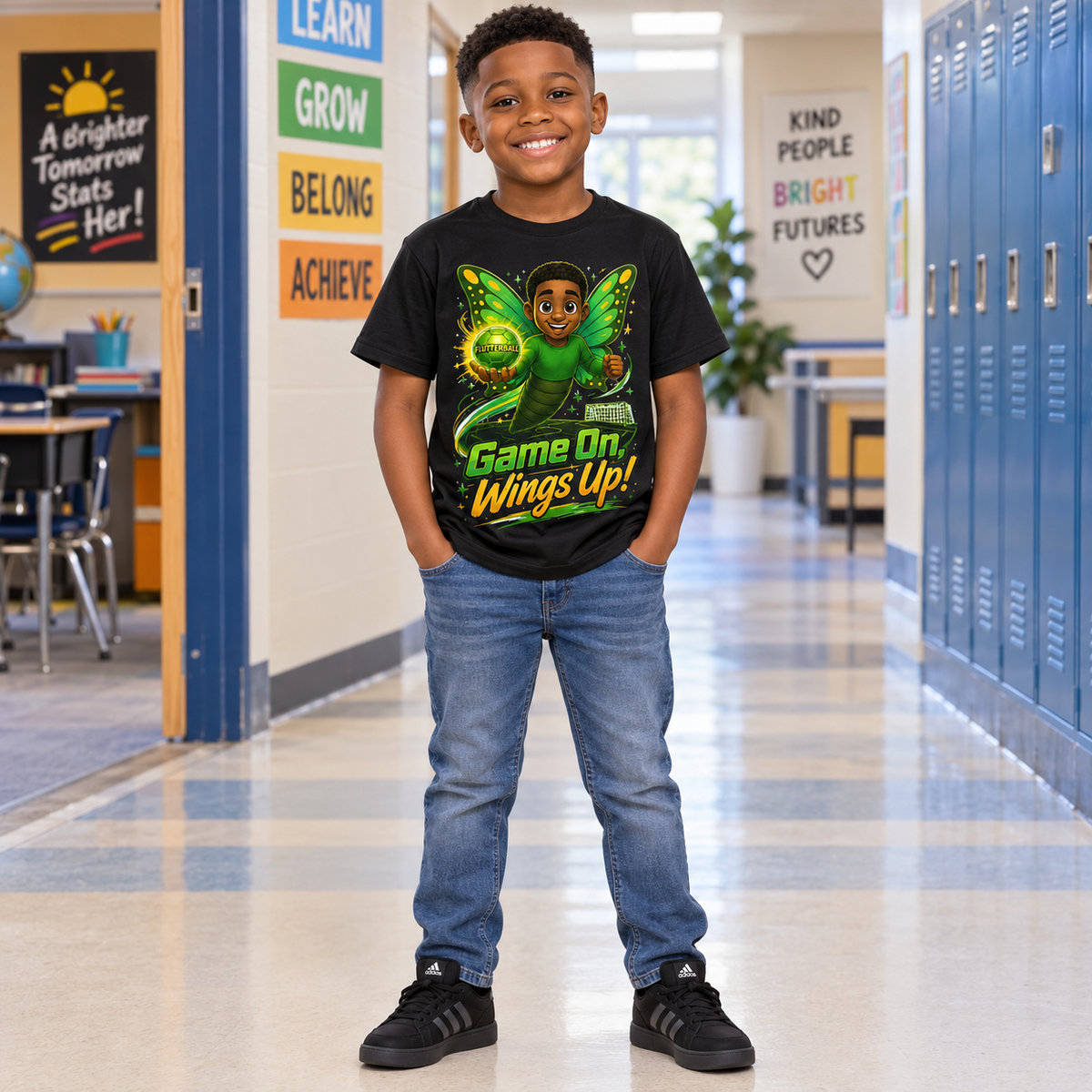 A smiling young boy stands in a school hallway wearing a black graphic t-shirt with a green and yellow 'Game On Wings Up!' design, blue jeans, and black sneakers.