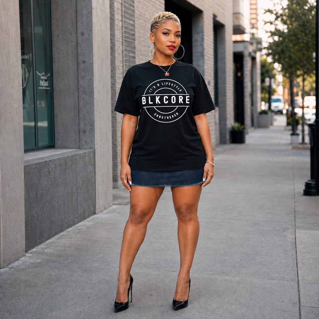 A woman stands on a city sidewalk wearing a black oversized graphic T-shirt with a white circular 'BLKCORE' logo and a dark denim mini skirt, paired with black high heels.