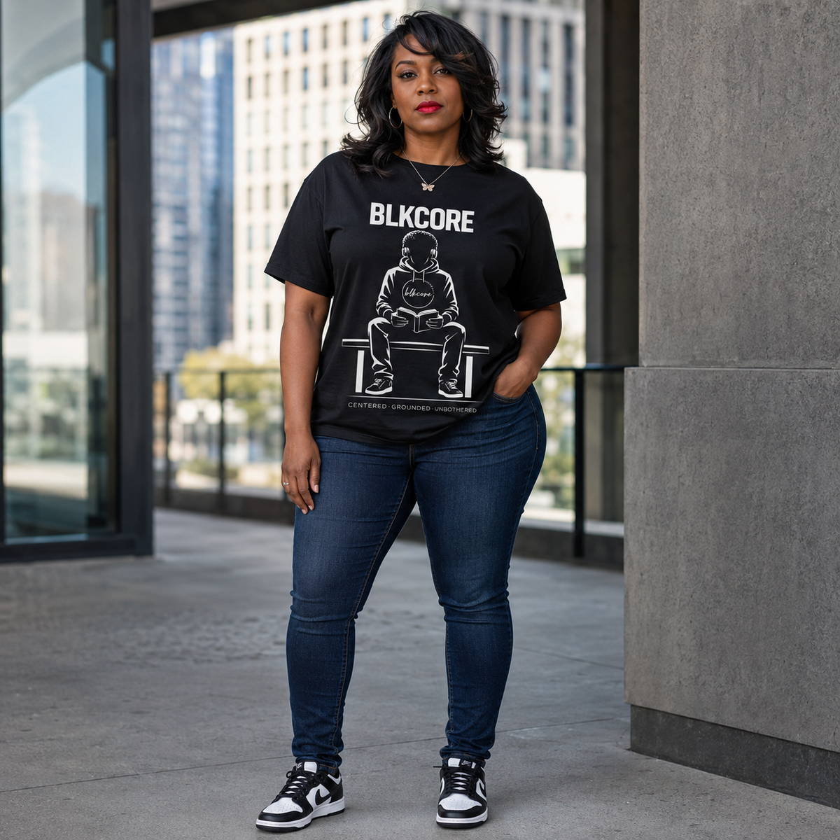 A woman stands outdoors wearing a black graphic T-shirt with the word 'BLKCORE' and a white illustrated figure on the front, paired with dark blue jeans and black-and-white sneakers.