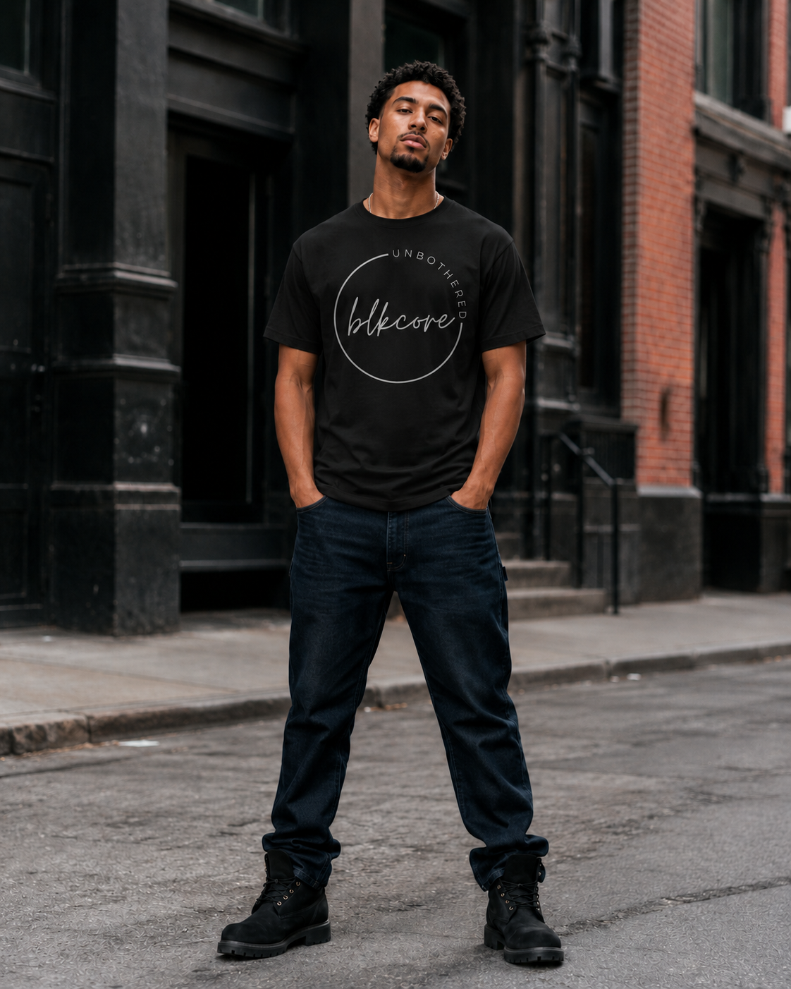 A man stands on a city street wearing a black graphic t-shirt with a white circular logo that reads 'blkcore' and 'UNBOUNDED' around it, paired with dark blue jeans and black boots.