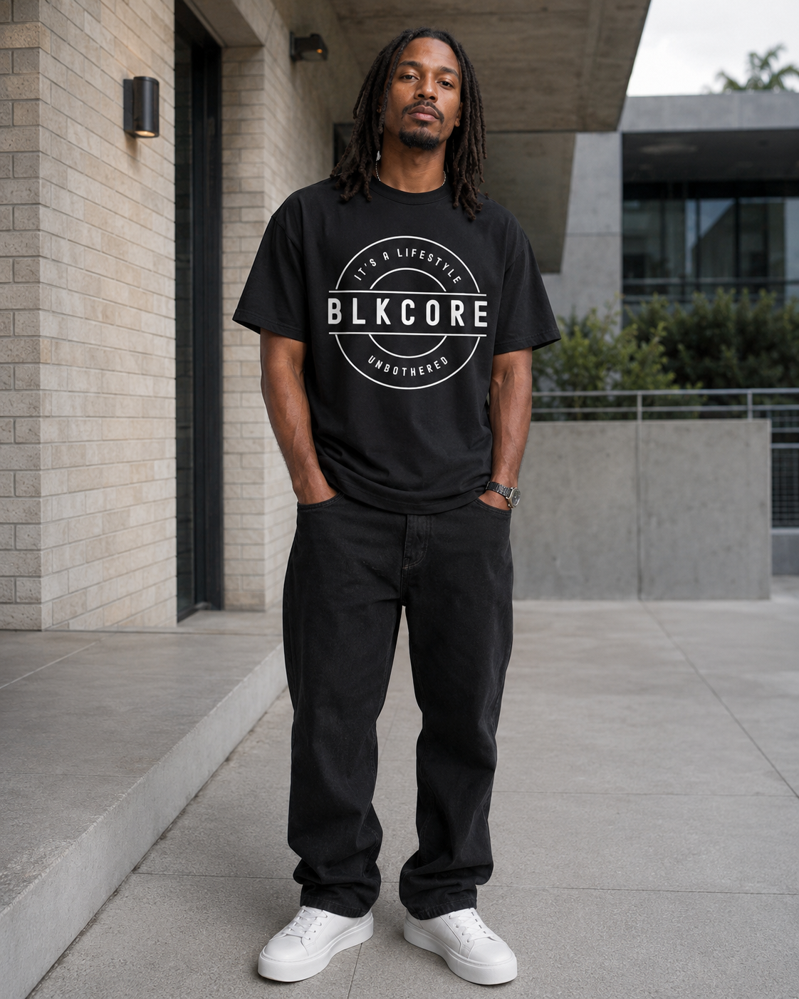 A man wearing a black crewneck t-shirt with a white circular graphic that reads 'BLKCORE' and 'FIND YOUR LEGEND. UNLEASHED.