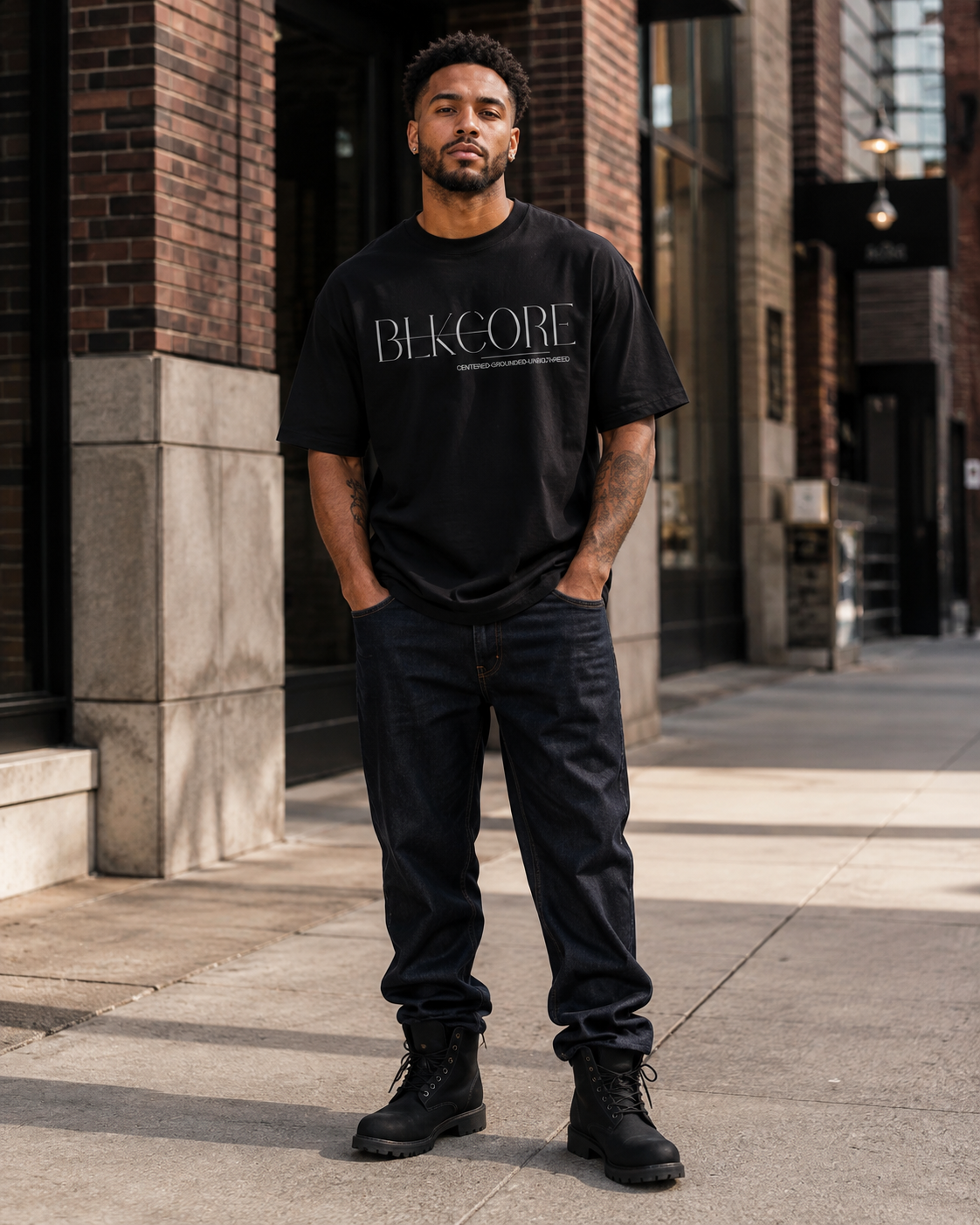 A man stands on an urban sidewalk wearing a black graphic t-shirt with 'BLKCORE' printed in white across the chest, paired with dark jeans and black boots.