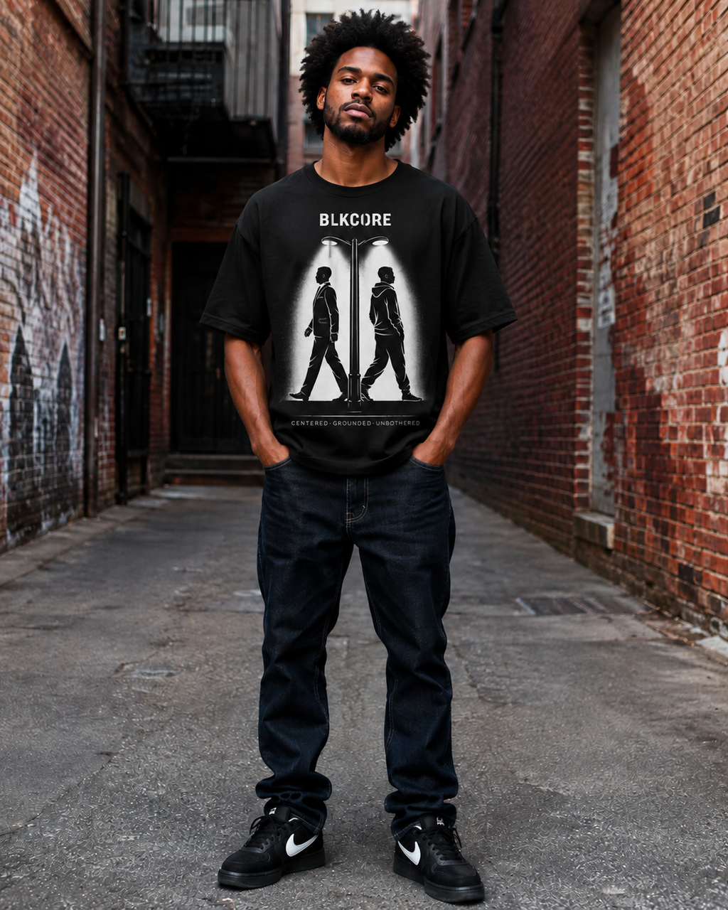 A man stands in a brick alley wearing a black graphic t-shirt with a white and gray 'Blkcore' design, paired with dark jeans and black sneakers.