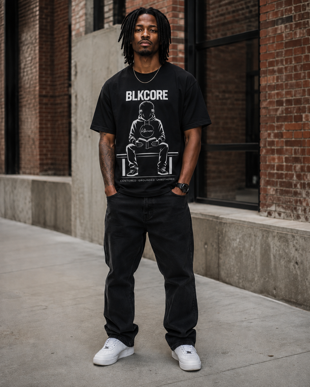 A man wearing a black BLKCORE graphic t-shirt, black cargo pants, and white sneakers stands on a concrete sidewalk in front of a brick building.