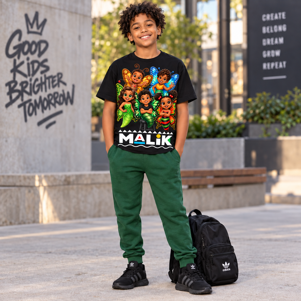 A smiling young boy stands outdoors wearing a black graphic T-shirt with colorful cartoon characters and the name 'MALIK' across the front, paired with dark green sweatpants and black sneakers. A black backpack sits beside him on a concrete plaza, with a wall reading 'Good Kids Brighter Tomorrow' in the background.