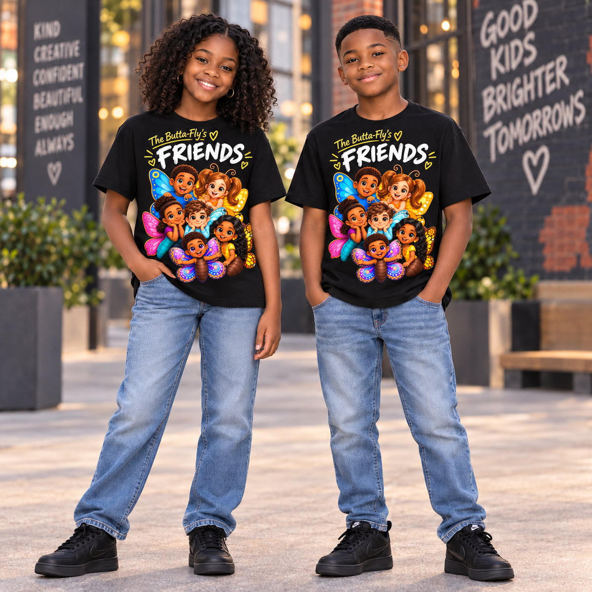 Two children standing outdoors in matching black graphic T-shirts with colorful cartoon butterfly-themed artwork and the text 'The Butterfly's my FRIENDS,' paired with light blue jeans and black sneakers.