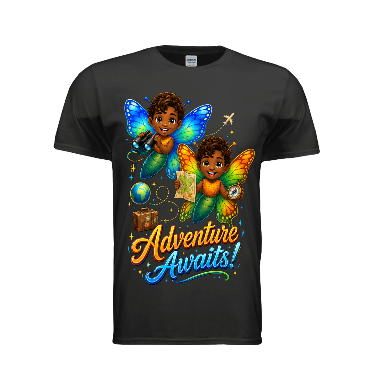 The Butta-Fly’s Adventure Awaits adult graphic T-shirt with butterfly explorers binoculars map compass globe and suitcase