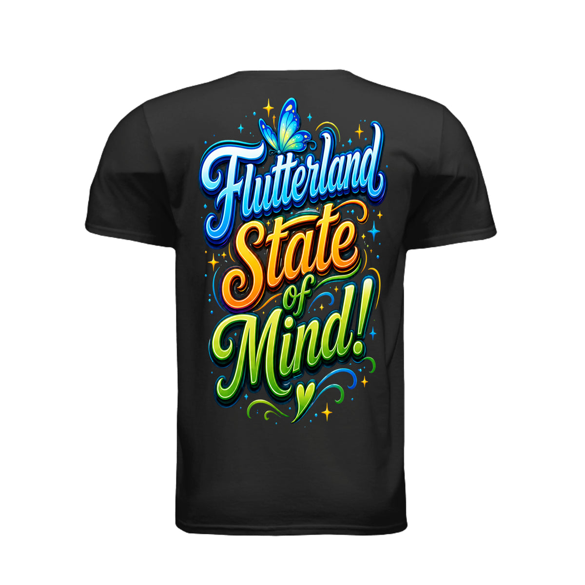 The Butta-Fly’s Flutterland State of Mind back graphic in blue orange and green with butterfly and stars