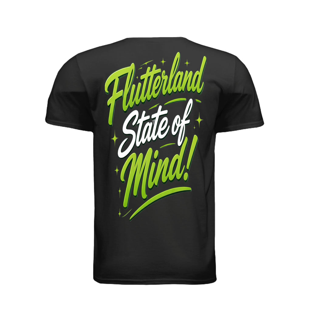The Butta-Fly’s Flutterland State of Mind back graphic in green and white lettering