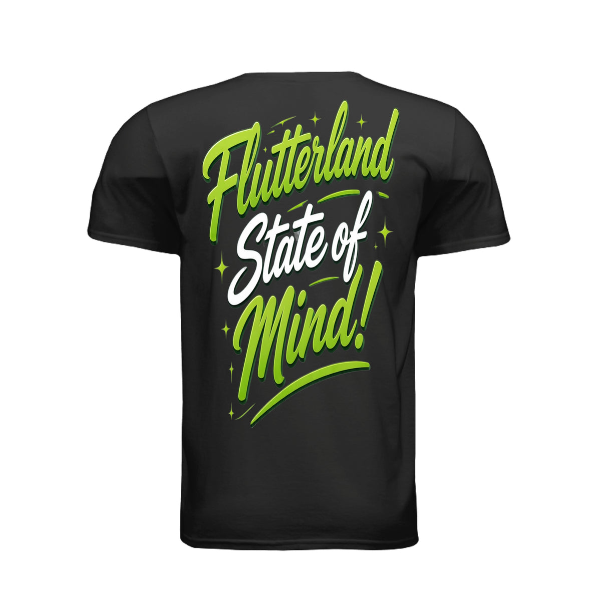 The Butta-Fly’s Flutterland State of Mind back graphic in green and white lettering
