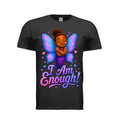 The Butta-Fly’s Aarey I Am Enough affirmation graphic T-shirt with purple blue wings and heart