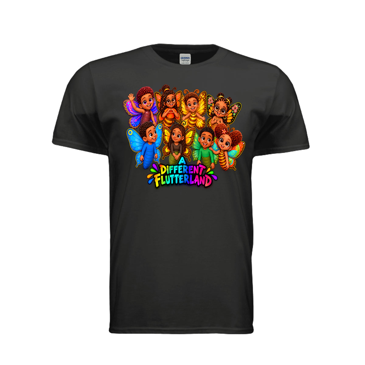 The Butta-Fly’s A Different Flutterland adult graphic tee with colorful butterfly characters and bright retro-style lettering