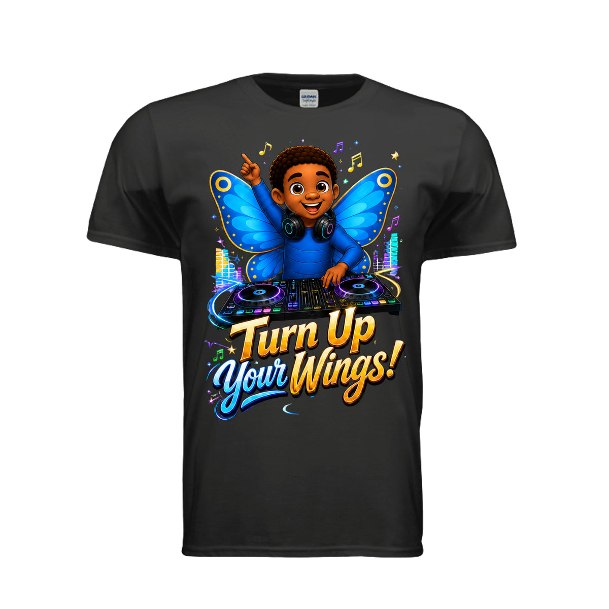 The Butta-Fly’s Turn Up Your Wings adult graphic T-shirt with DJ controller headphones blue wings and music notes