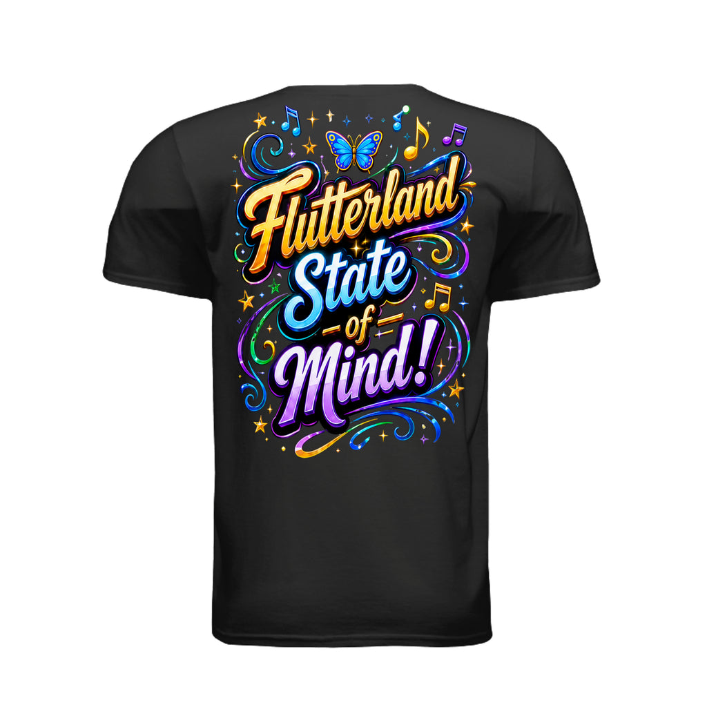 The Butta-Fly’s Flutterland State of Mind back graphic with butterfly music notes stars and colorful lettering