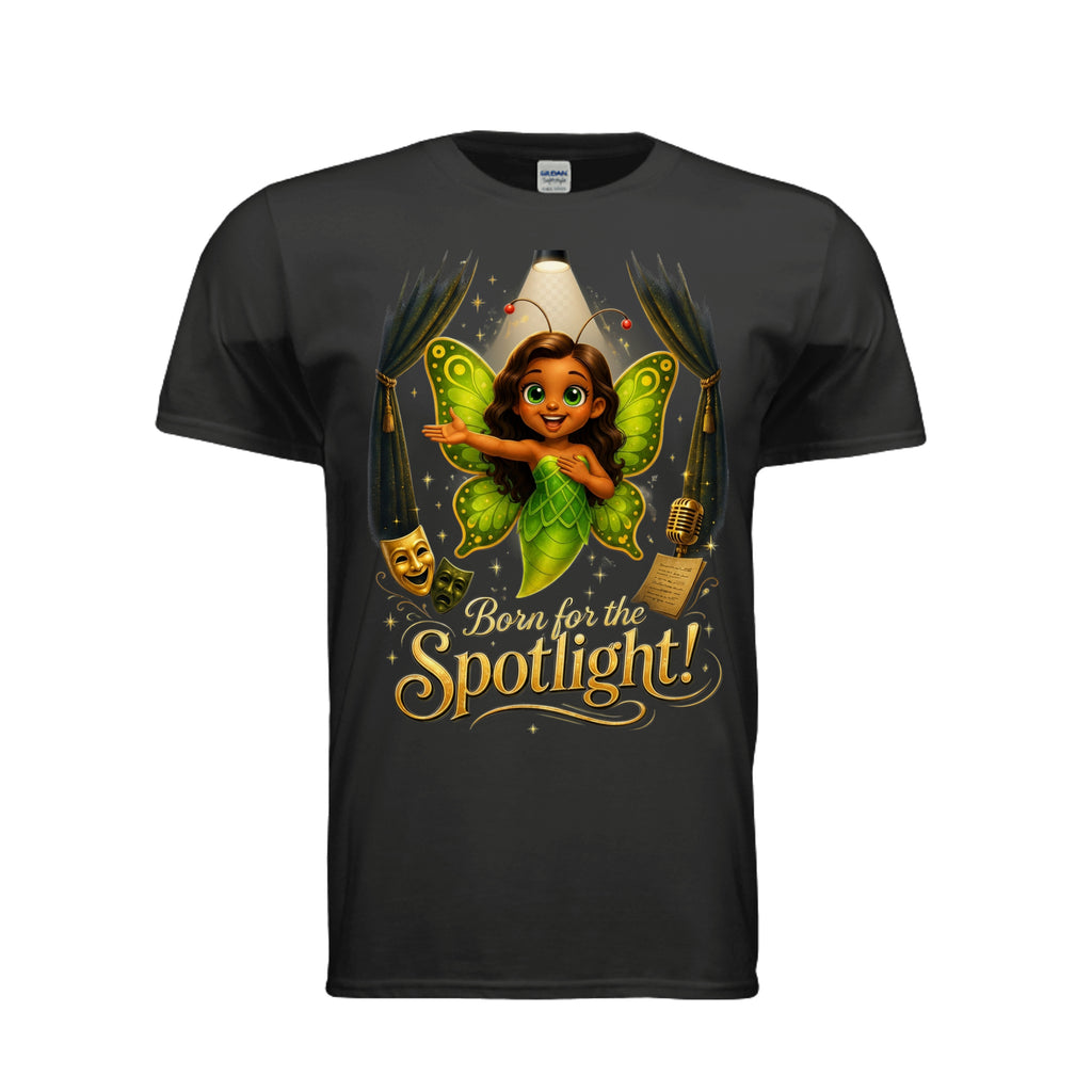 The Butta-Fly’s Born for the Spotlight adult graphic T-shirt with green wings theater curtains microphone and stage masks