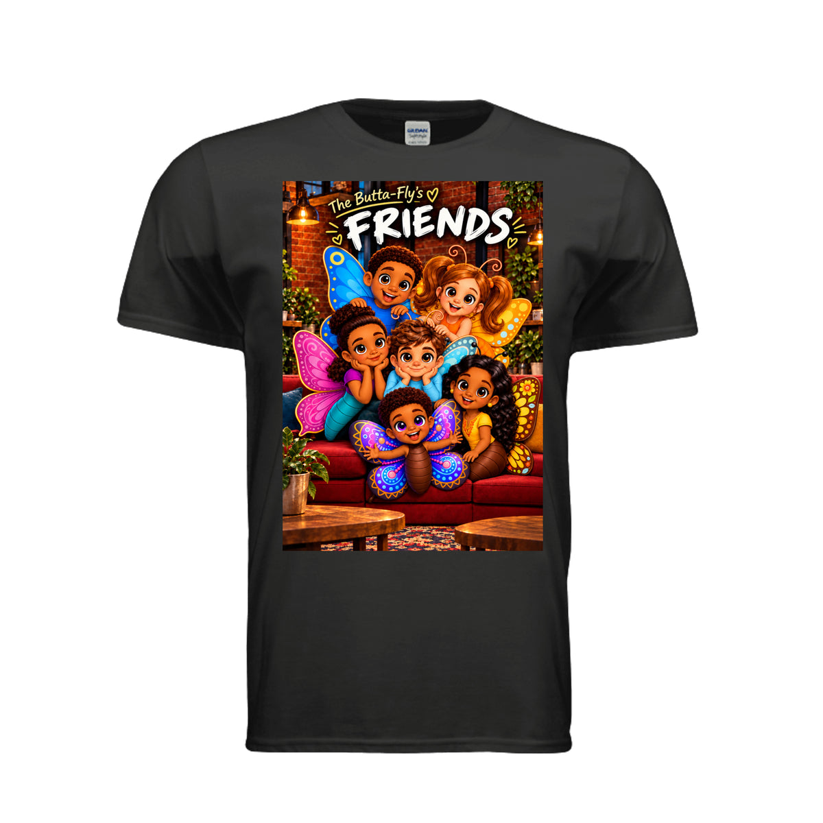 The Butta-Fly’s FRIENDS Flutterland adult graphic T-shirt featuring colorful butterfly characters gathered together in a cozy friendship scene