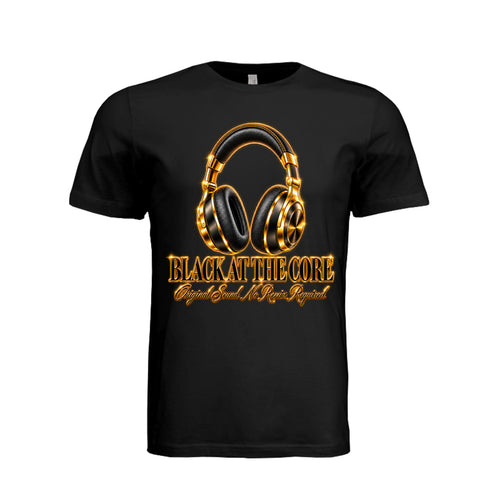BLKCORE black and gold headphones graphic T-shirt with Black at the Core Original Sound No Remix Required message