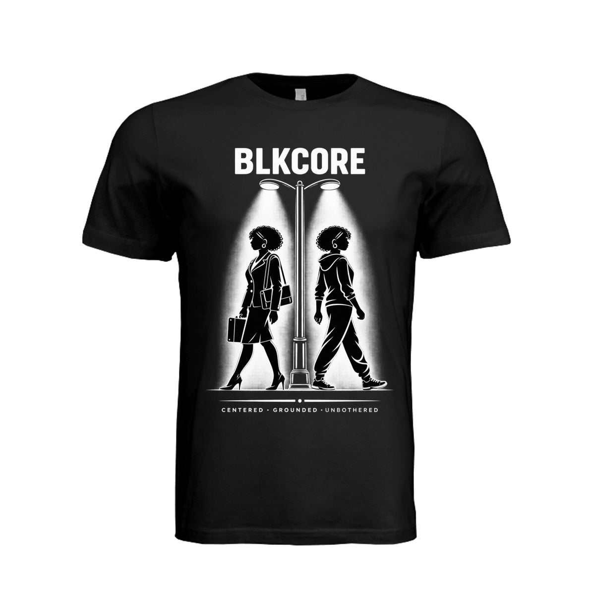 BLKCORE Two Sides black women’s graphic T-shirt with professional and casual woman silhouettes