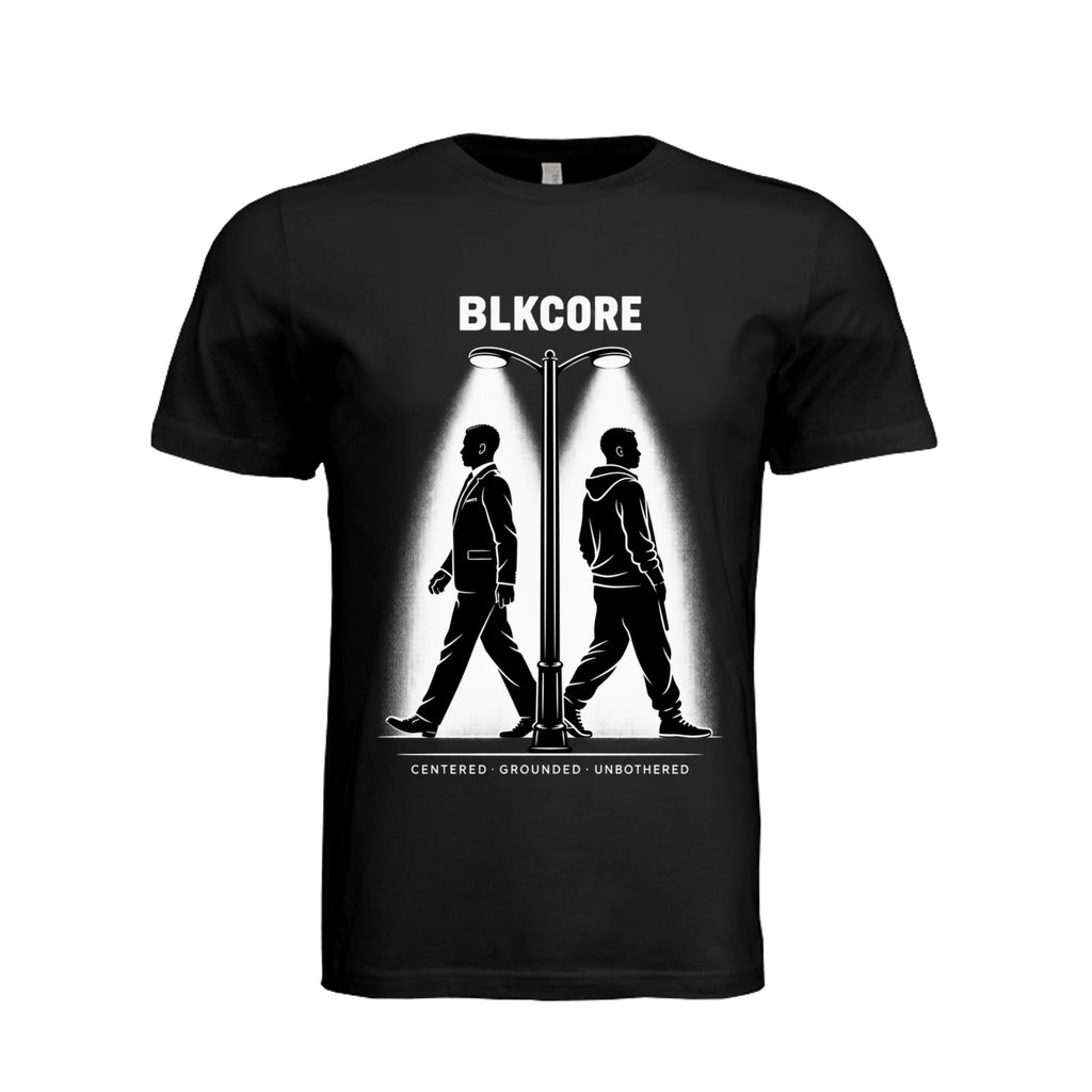 BLKCORE Two Sides men’s black graphic T-shirt with professional and casual man silhouettes