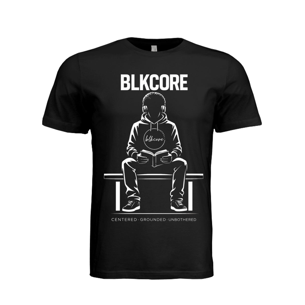 BLKCORE black reader graphic T-shirt with seated man wearing headphones and reading a book