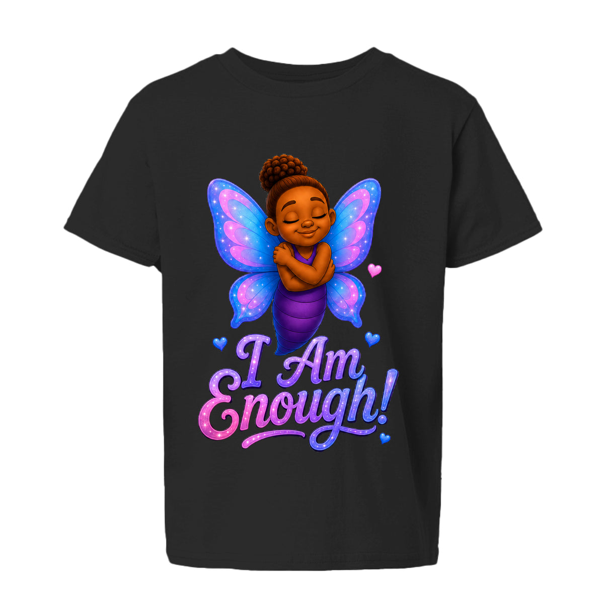 The Butta-Fly’s Aarey I Am Enough kids affirmation T-shirt with purple blue wings hearts and stars