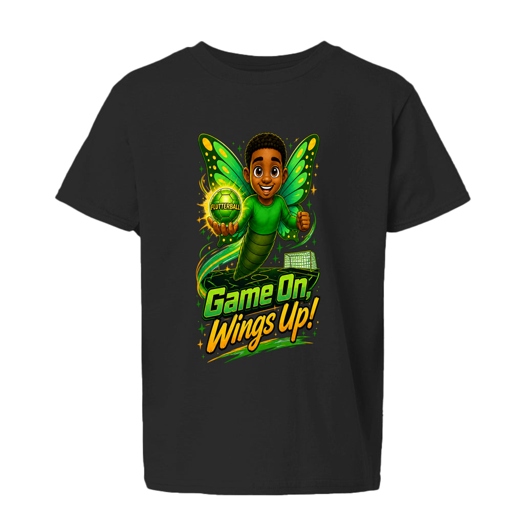 The Butta-Fly’s Aiyden Game On Wings Up adult graphic T-shirt with green wings Flutterball and goal