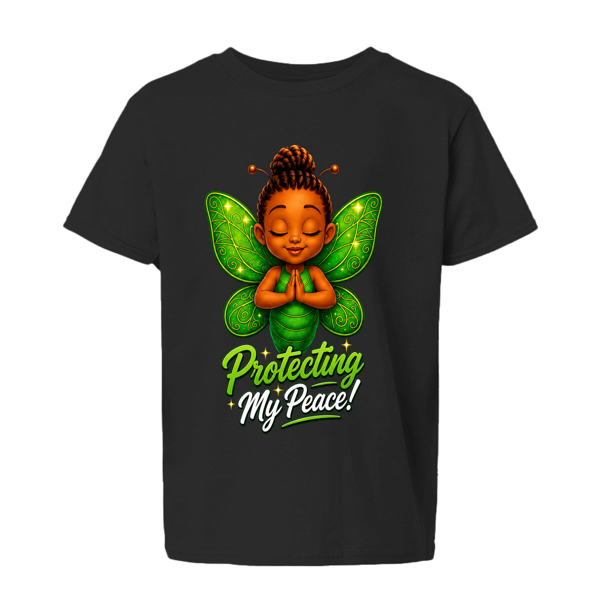 The Butta-Fly’s Zen Protecting My Peace kids graphic T-shirt with green wings and peaceful pose