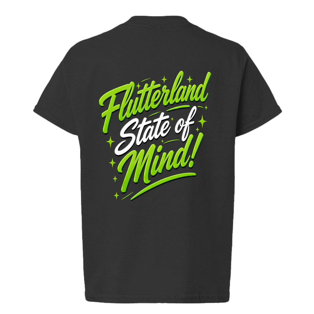 The Butta-Fly’s Flutterland State of Mind kids shirt back graphic in green and white