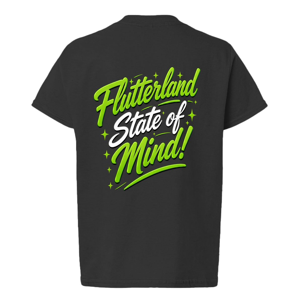 The Butta-Fly’s Flutterland State of Mind kids shirt back graphic in green and white