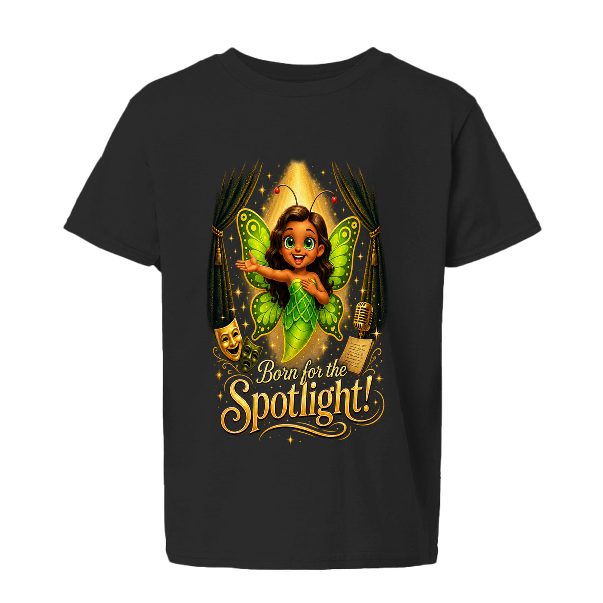 The Butta-Fly’s Born for the Spotlight kids graphic T-shirt with green wings theater curtains microphone and stage masks
