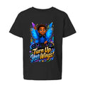 The Butta-Fly’s Turn Up Your Wings kids graphic T-shirt with DJ controller headphones blue wings and music notes