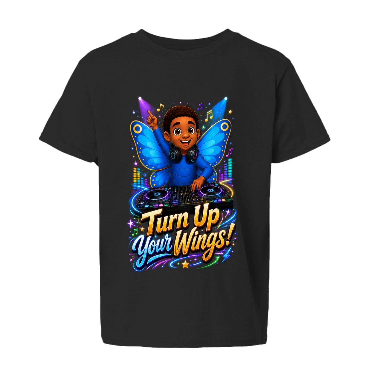 The Butta-Fly’s Turn Up Your Wings kids graphic T-shirt with DJ controller headphones blue wings and music notes