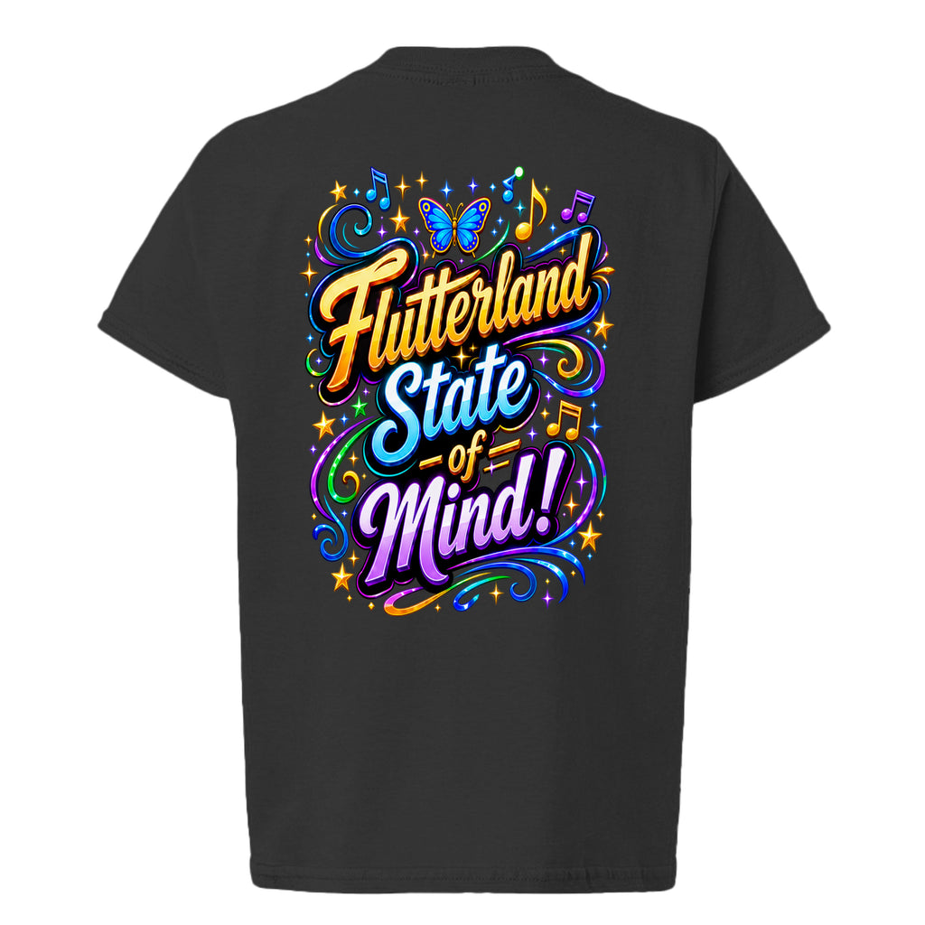 The Butta-Fly’s Flutterland State of Mind kids shirt back graphic with butterfly music notes stars and colorful lettering